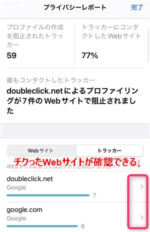 Safariプライバシーレポート「トラッカーにコンタクトしたWebサイト」確認方法